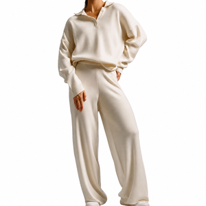 Conjunto de 2 Piezas Tejido para Mujer, Blanco, Manga Larga, Corte Holgado, Sudadera con Cuello Camisero y Pantalones Anchos, Estilo para Todas las Temporadas - Product Image 1