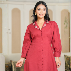 Robe midi élégante et décontractée pour femmes, 100% lin, col à revers, coupe évasée - Product Image 5