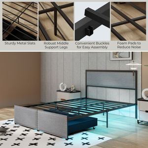 Letto con Luci LED, Cassetti e Doghe Metalliche, Disponibile nelle Misure Full/Queen/Twin, Letti Imbottiti - Product Image 4
