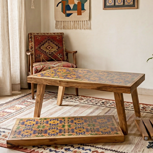 Mesa de Centro de Madera Sólida India, Diseño Artesanal, Acabado Natural, Estilo Industrial, para Sala de Estar - Product Image 1