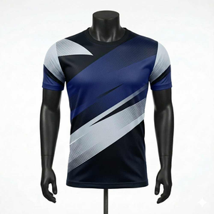 Camiseta de Manga Corta con Cuello Redondo y Estampado Geométrico Azul y Negro para Hombre, de Secado Rápido, Tejido Deportivo, Corte Regular - Product Image 1