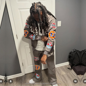 Streetwear Acid Washed Sweats à capuche à fermeture éclair Ensemble de survêtement Acid Wash Distress Patch Pantalon de survêtement évasé et ensemble de sweat à capuche - Product Image 3