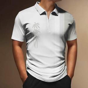 Polo à manches courtes pour homme, imprimé palmiers blancs et rouges, coupe classique, décontracté, tricoté, respirant, avec logo frontal et fermeture éclair - Product Image 3