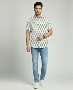 Chemise d'été ethnique formelle pour homme, 100 % coton, à manches courtes, respirante, écologique, imprimée à la main, rayée et batik - Product Image 4