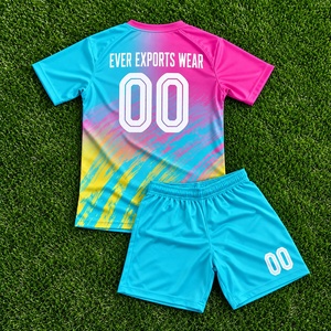 ชุดฟุตบอลแบบกำหนดเอง สีชมพู สีฟ้าอมเขียว หลากสี เสื้อฟุตบอลแบบซับลิเมชั่น กางเกงขาสั้น ชุดฟุตบอล ดีไซน์ไม่ซ้ำใคร พิมพ์ลายตามสั่ง ชื่อตามสั่ง - Product Image 3