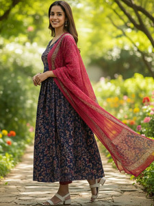 <b>Women</b> Traditional Ethnic Printed Anarkali <b>Kurta</b> Set With Dupatta Rayon Loose Fit Knee Length Spring India Pakistan Style - Product Image 5
