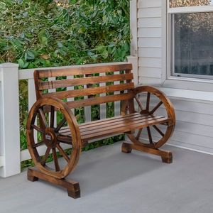 Rustic 2-Person Brown Wooden Wagon Wheel Bench with Slatted Seat and <b>Backrest</b> for Patio Use - Product Image 5