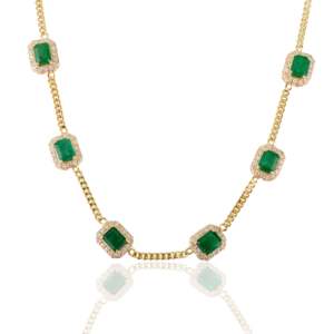 14K White Gold Octagon 6.2 Ct Emerald Cut Emerald & Natural Diamond Halo Vintage Link Necklace - Product Image 4