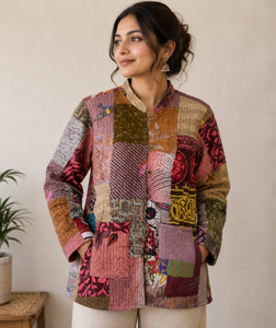 Nivisaa Indian Handmade Reversible Patchwork Kantha Quilted Wool Vintage Puff Sleeve Jacket Boho Streetwear <b>Coat</b> Womense Winter - Product Image 1