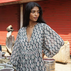 Vestido Largo Floral de Manga Larga para Mujer, Cuello en V, Corte Holgado, Estilo Bohemio Informal, Vestido de Verano con Estampado Étnico - Product Image 1