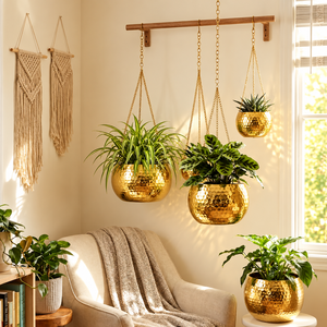 Pot de fleurs suspendu en métal doré avec texture martelée et chaîne décorative, support rond pour plantes d'intérieur et d'extérieur - Product Image 1