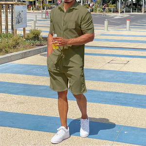 Men's Short Sleeve Solid Color <b>Zip</b>-<b>Up</b> Jumpsuit Casual Summer <b>Polo</b> Collar Romper Set Breathable Knitted Fabric - Product Image 4