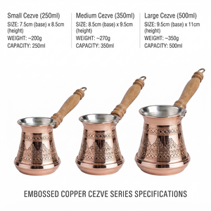 Cafetera turca de cobre grabada con motivos geométricos, Cezve, Ibrik árabe, Briki griega, calentador de leche para estufa con mango de madera con acabado ligero - Product Image 5