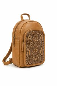 Bohemian Genuine Leather Waterproof Luxury <b>Backpack</b> with Turquoise Embossed Floral Panel 13 Inch Unisex Daypack - Product Image 2