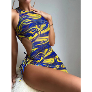 Traje de baño de una pieza halter para mujer, talla grande, diseño hueco, detalle de lazo lateral, estampado vibrante, poliéster y elastano, parte inferior tipo tanga - Product Image 4