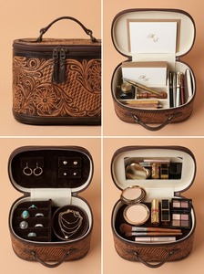 Vintage Hand Tooled Genuine Leather Jewelry Case Floral Carved Zipper Clutch Organizer Portable Travel <b>Makeup</b> Storage <b>Box</b> Lady - Product Image 4