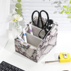 Natural Marble <b>Vanity</b> Organizer with 3 Compartments, Multifunctional Desk Caddy for <b>Makeup</b>, Remote Control Holder for Livingroom - Product Image 1