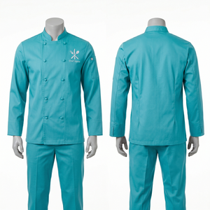 Ensemble uniforme de chef pour hommes, 240 GSM, sergé en polycoton, turquoise, manches longues, vêtements de cuisine, broderie personnalisée, impression de logo - Product Image 1