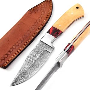Couteau à lame fixe professionnel forgé à la main en acier Damas, manche en os de chameau et résine, pointe tombante, pour camping et chasse en extérieur - Product Image 1