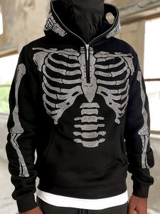 Mens Rhinestone <b>Skeleton</b> Zip Up Hoodie <b>Full</b> Face Skull Hoodie Oversized Gothic Streetwear Hooded Sweatshirt Y2K Hip Hop Pullover - Product Image 2