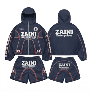 Premium 110 GSM Polyester Taslan Women Windbreaker Short <b>Set</b> Navy Red <b>White</b> Contrast Panel Custom Sublimation Print Logo - Product Image 1