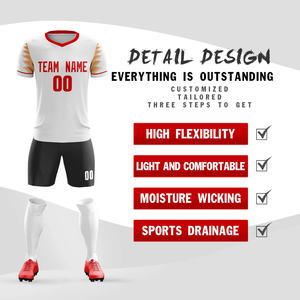 Camiseta de Fútbol Unisex Blanca con Cuello en V, Pantalones Cortos Negros, Sublimada, Personalizada con Nombre del Equipo y Número del Jugador, Absorbe la Humedad, 100% Poliéster - Product Image 4