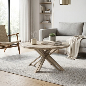 Modern Round Solid Wood Coffee <b>Table</b> Elegant Crossed X Base <b>Wooden</b> Accent <b>Table</b> For <b>Rustic</b> Living Room Setup Art Design Pure Art - Product Image 2
