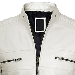 Blouson moto en cuir PU blanc pour homme, col montant, fermeture éclair, coupe ajustée, manches classiques, couleur unie, style automne - Product Image 2