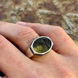 Raw Moldavite Gemstone <b>Ring</b> for <b>Men</b> | Certified Natural Tektite in <b>Silver</b> | Boho Statement Jewelry Unique Gift Idea | 2026 - Product Image 3