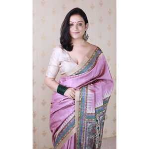 Sari en soie Tussar rose poudré Elite Weaves, imprimé Madhubani, avec bordure tissée Zari, 450g, pour tenue de soirée - Product Image 3