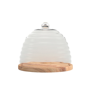Support à gâteau rond en verre avec base en bois, forme hémisphérique, réutilisable, présentoir à dessert, fait main, en solde - Product Image 4