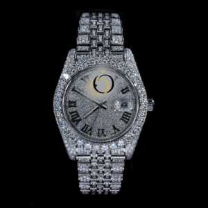 Reloj mecánico automático para hombre de 40 mm con incrustaciones de moissanita VVS, de acero inoxidable plateado con números romanos. - Product Image 1