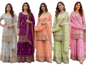 Salwar Kameez Verde Claro Bordado en Faux Georgette, Vestido de Novia Tradicional para Mujer, Estilo Indio-Pakistaní, Ropa de Fiesta - Product Image 6