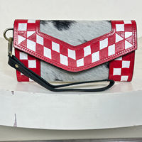 Portefeuille-pochette en cuir de vache véritable tendance 2025 pour femmes, fait à la main, motif à carreaux rouge et blanc, portefeuille en cuir à poils
