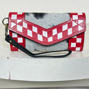 Cartera de Mano de Cuero Vacuno Genuino de Moda 2025 para Mujer, Hecha a Mano, con Patrón a Cuadros Rojos y Blancos, Cartera de Piel con Pelo - Product Image 4
