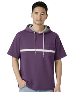 Sudadera con Capucha Personalizada para Hombre, Color Morado, Manga Corta, con Capucha Gris, Bolsillo con Rayas en Contraste, Estilo Casual Urbano, Venta al Por Mayor OEM - Product Image 1