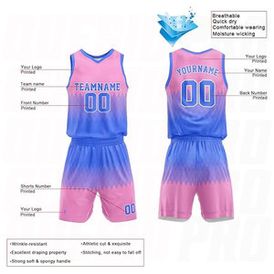 Uniforme de basket-ball réversible à sublimation, double face, personnalisable, maillot d'équipe bleu et rose, nouveau design personnalisé - Product Image 2