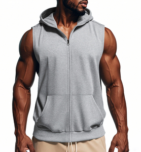 Zipper-Up <b>Sleeveless</b> Winter Outdoor Sports <b>Hoodie</b>-100% Cotton Plain Dyed - Product Image 5