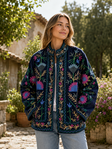 <b>Women</b> Finished Embroidered <b>Velvet</b> Eco-Friendly <b>Jacket</b> Floral Suzani Quilted Coat Full Sleeve Stand Collar Summer Autumn Winter - Product Image 3