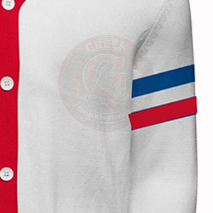 Cardigan blanc pour fraternité et sororité, rayé rouge et bleu, en acrylique tricoté, à manches longues, boutonné devant, pour homme, idéal pour l'école et le collège. - Product Image 5