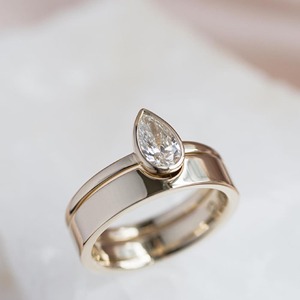 Pear Cut 2 Carat Lab Created Diamond <b>Ring</b> <b>Set</b> 14K Solid Yellow <b>Gold</b> Bezel Setting Engagement <b>Ring</b> with 4 MM Wedding Band - Product Image 2