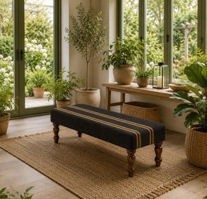 Farmhouse Black Upholstered <b>Wooden</b> Bench <b>Wool</b> Jute Handmade Bedroom End of Bed Entryway Ottoman Rustic Accent Seating Bench - Product Image 2