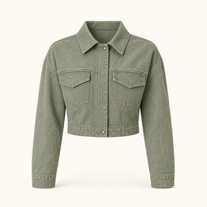 Women’s <b>Cropped</b> <b>Jacket</b> with Long Sleeves, Classic Collar, Snap Button Closure, Dual Chest Flap Pockets Washed <b>denim</b> fabric - Product Image 1