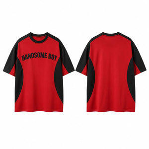 Camiseta de Manga Raglán Roja y Negra para Hombre, Estilo Casual, Cuello Redondo, Diseño con Letras Estampadas y Relieve - Product Image 1