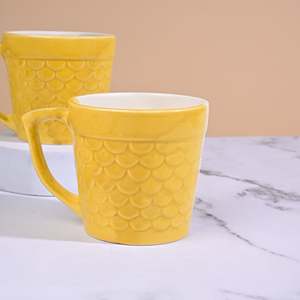 Sunlit Yellow Artistic Scale 400ml Glazed Ceramic Mug <b>Set</b> of 2 <b>Microwave</b> Safe with Creative Tray Design for Camping - Product Image 5