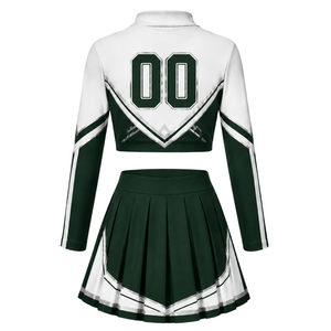 Dark Green <b>White</b> Sublimated Cheer <b>Long</b> Sleeve Uniform Set Pleated <b>Skirt</b> Athletic Team Sportswear Training Practice Performance - Product Image 3