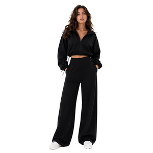OEM Customized <b>Crop</b> <b>Top</b> Zip-Up Jacket Two Piece Joggers Set Hoodies Adjustable Waist Drawstrings Cropped Cut Elegant Casual Chic - Product Image 1
