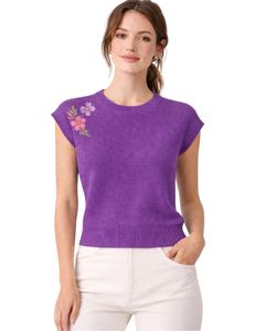 Gilet d'été décontracté pour femme, violet personnalisé, sans manches, en tricot, avec broderie florale, col rond, doux, léger, élégant et tendance - Product Image 1