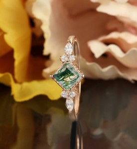 แหวนหมั้นทรง Asscher ประดับมอสอาเกต ชุบทองบนเงินแท้ สไตล์วินเทจ แรงบันดาลใจจากธรรมชาติ ของขวัญเครื่องประดับแต่งงานสำหรับเธอ - Product Image 4