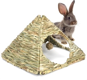 Nichoir pliable en herbe tressée pour lapin, abri triangulaire pour petits animaux, jouet à mâcher, tapis à foin, lit pour lapin, cochon d'Inde, hamster, cage - Product Image 5